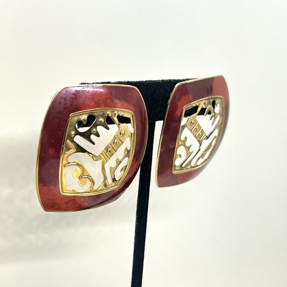 VINTAGE BEREBI ABSTRACT EARRINGS GOLD TONE RED MODERNIST ARTISAN STATEMENT - Picture 4 of 13